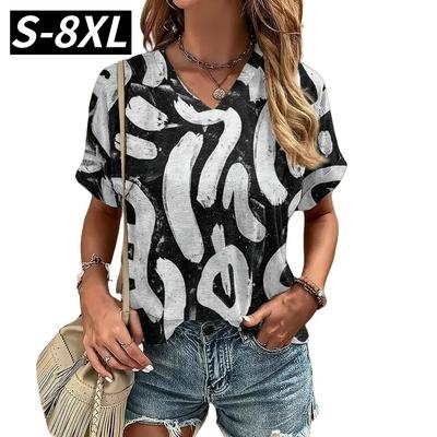 S-8XL Plus Size Summer T-shirt for Women V Neck Casual Fashion Graffiti Tees Harajuku Clothing Loose Short Sleeve Tops Pullover