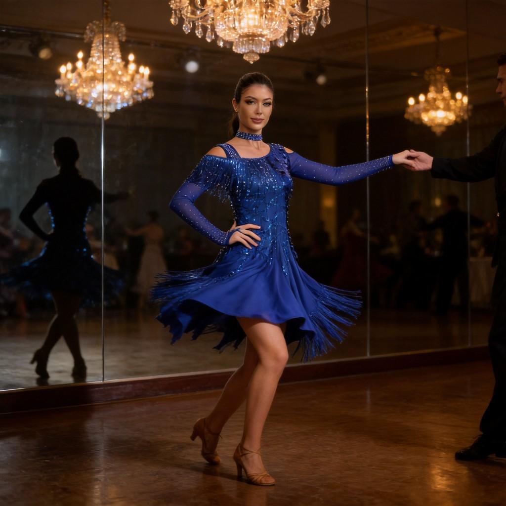 Vestido de Danza Latina Disfraz de Actuación Con Lentejuelas Manga Larga Flecos Para Mujer