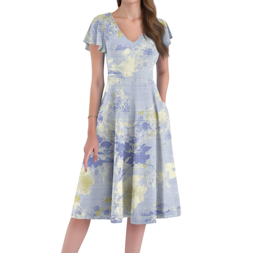A Casual And Fashionable V-Neck Short-Sleeved Medium-Length Dress With Floral Prints For Women