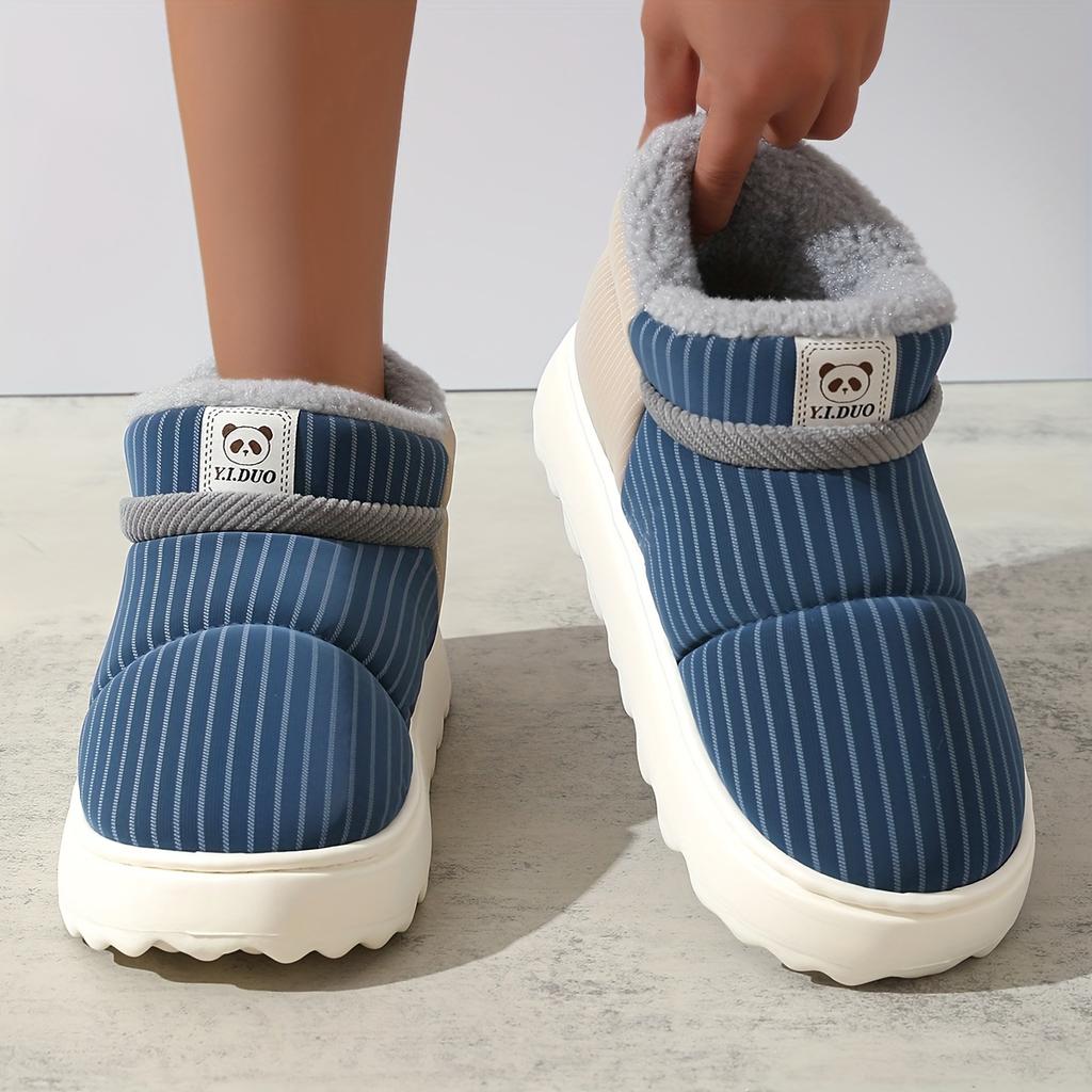Order A Size Up Winter Warm Snow Boots Striped , Thick  Lined Comfort Cotton Booties,  Anti-Slip High Top Slippers for Daily & Vacation Use
