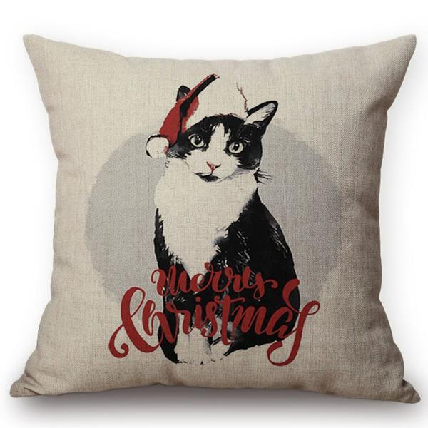 Christmas Decoration Cushion Cover Painting Cats Cute Throw Pillow Case Cotton Linen Home Decor Children'S Room New Year Gift