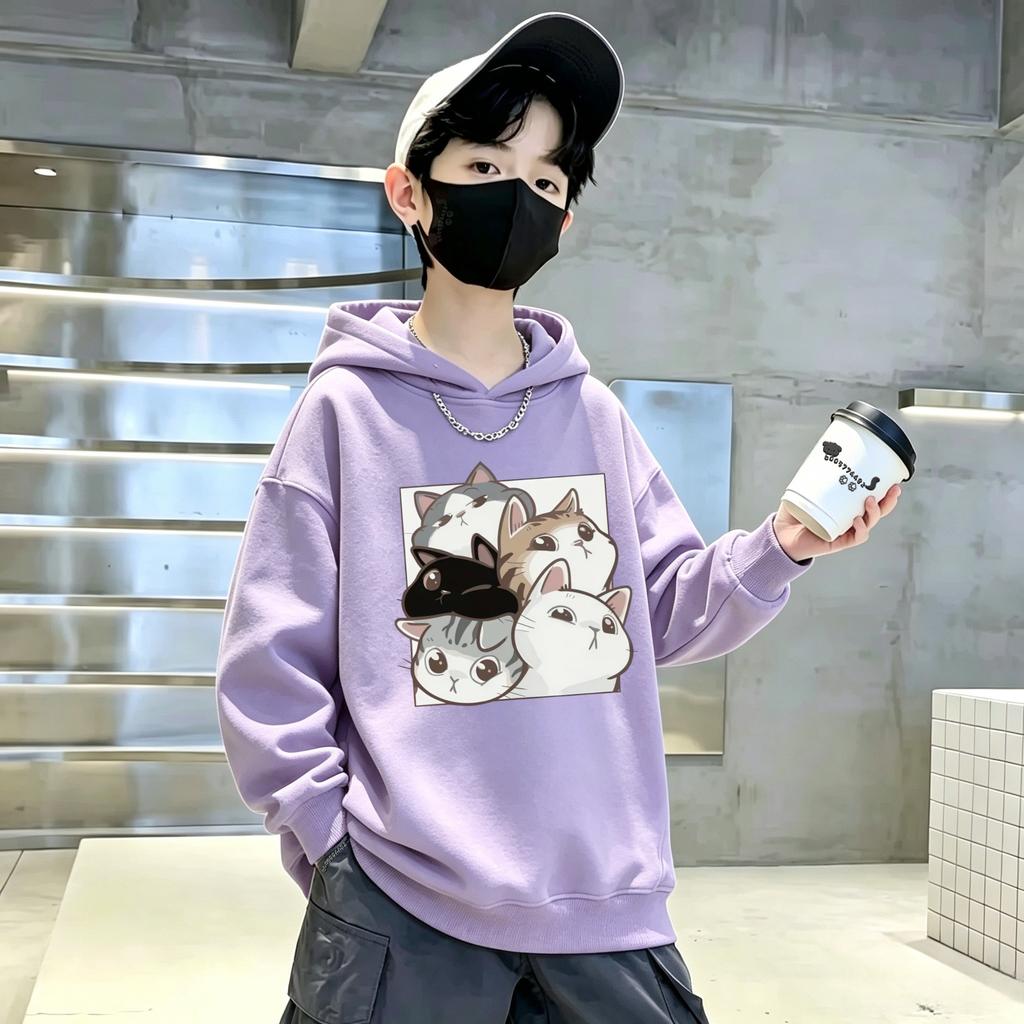 Retro Fashion Children's Casual Long-sleeved Hooded Shirt with Korean-style Trendy Cartoon Cat Print Sports Pullover Hoodie