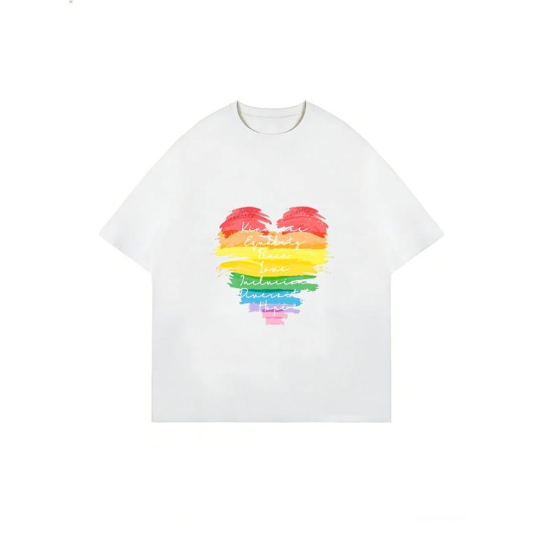 White T-Shirt With Rainbow Heart Print Kindness Equality Peace Love Inclusion Diverse Hope Design For Casual Wear And Pride Events