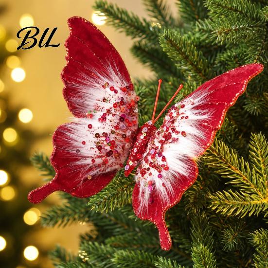 Elegant Christmas Garland Decorations Velvet Butterfly Ornaments, Artificial Glitter Sequins Xmas Tree Three Dimensional Ornaments Decoration