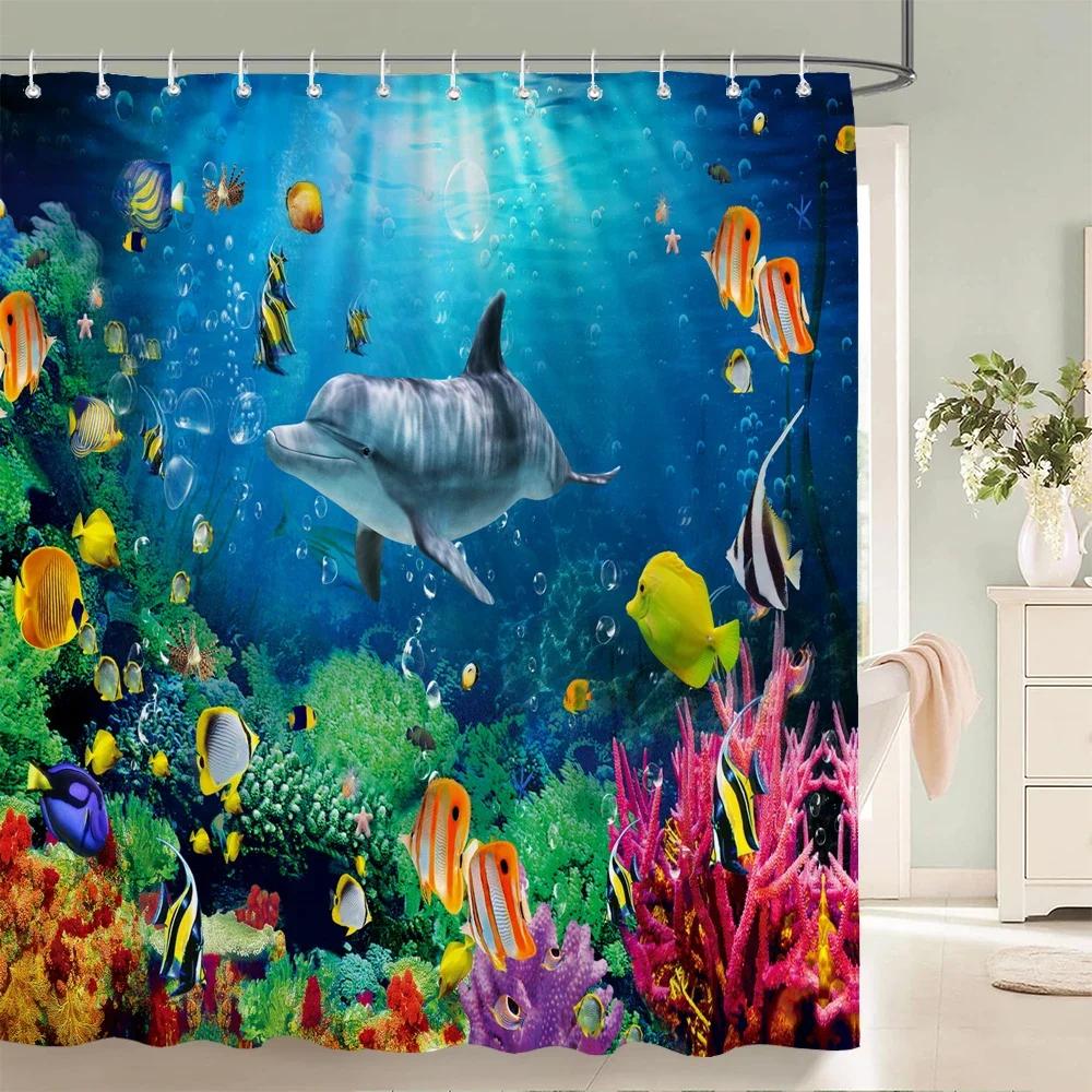 Unterwasserwelt Fisch Schildkröte 3D Duschvorhänge Ozean Delfin Meereslandschaft Stoff Wasserdicht Badvorhang Badezimmerdeko Sichtschutz