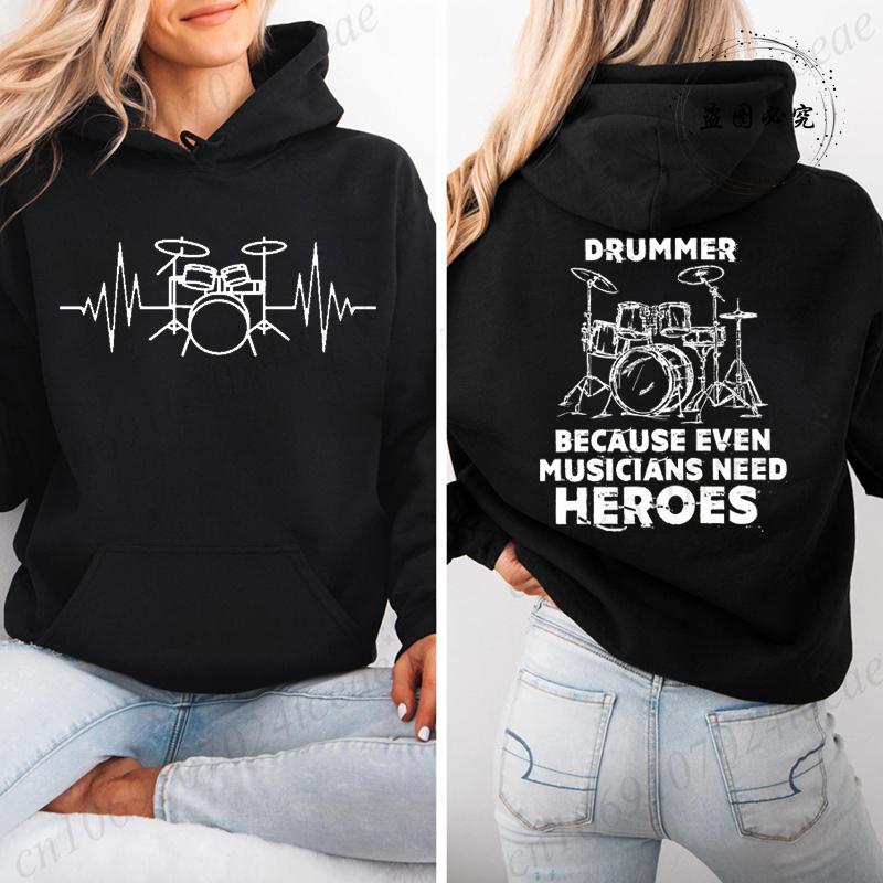 Autumn Fleece Hoodie Drum Heartbeat Print Hooded Drummer Fashion Sweatshirt Long Sleeve Top Drumming Music Musician Band Hoodies