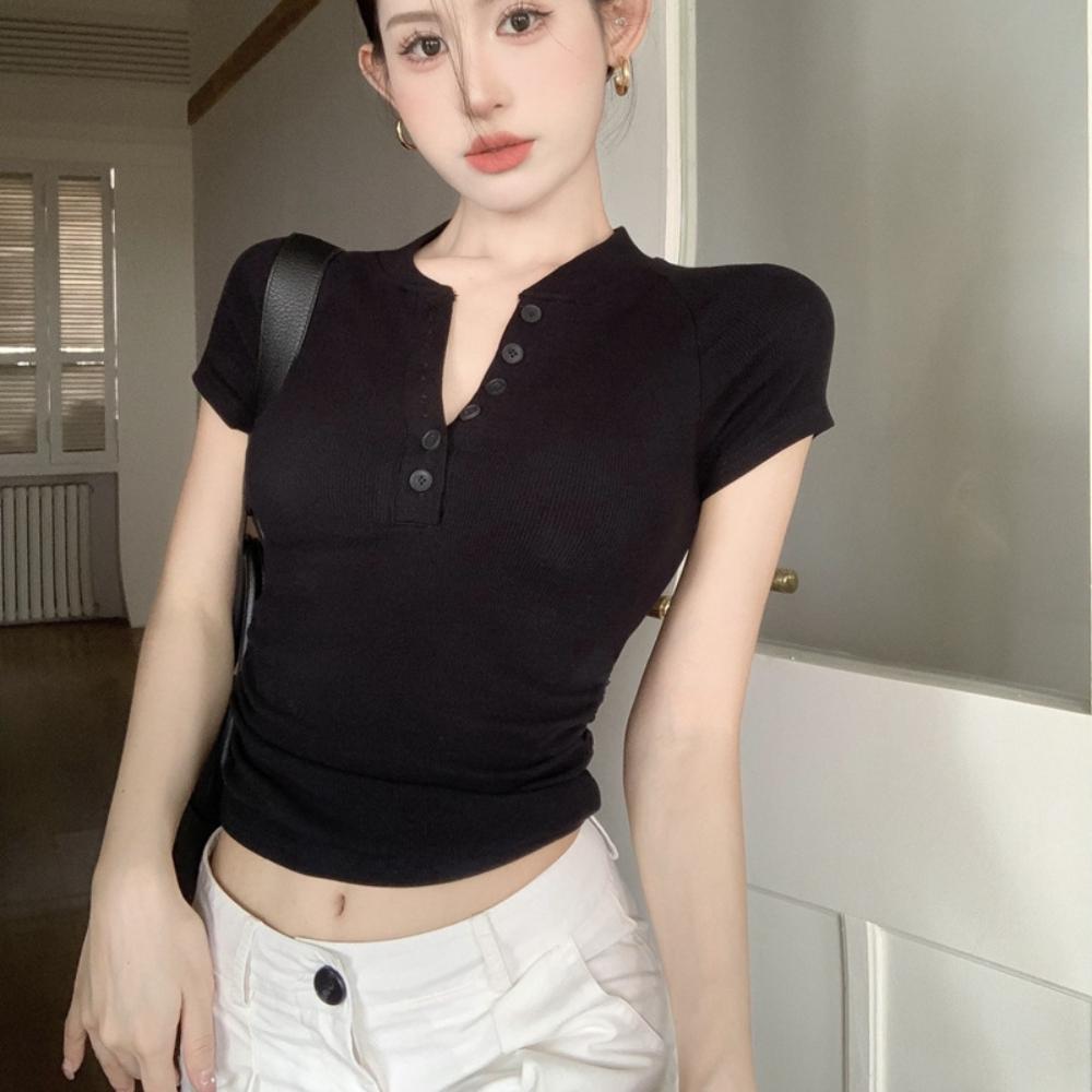 V Neck Button T Shirt Basic Short Sleeve Crop Top Women T-shirt Casual Tank Top Slim Female Crop Top Fashion Girl Tee Shirt Y2k Streetwear