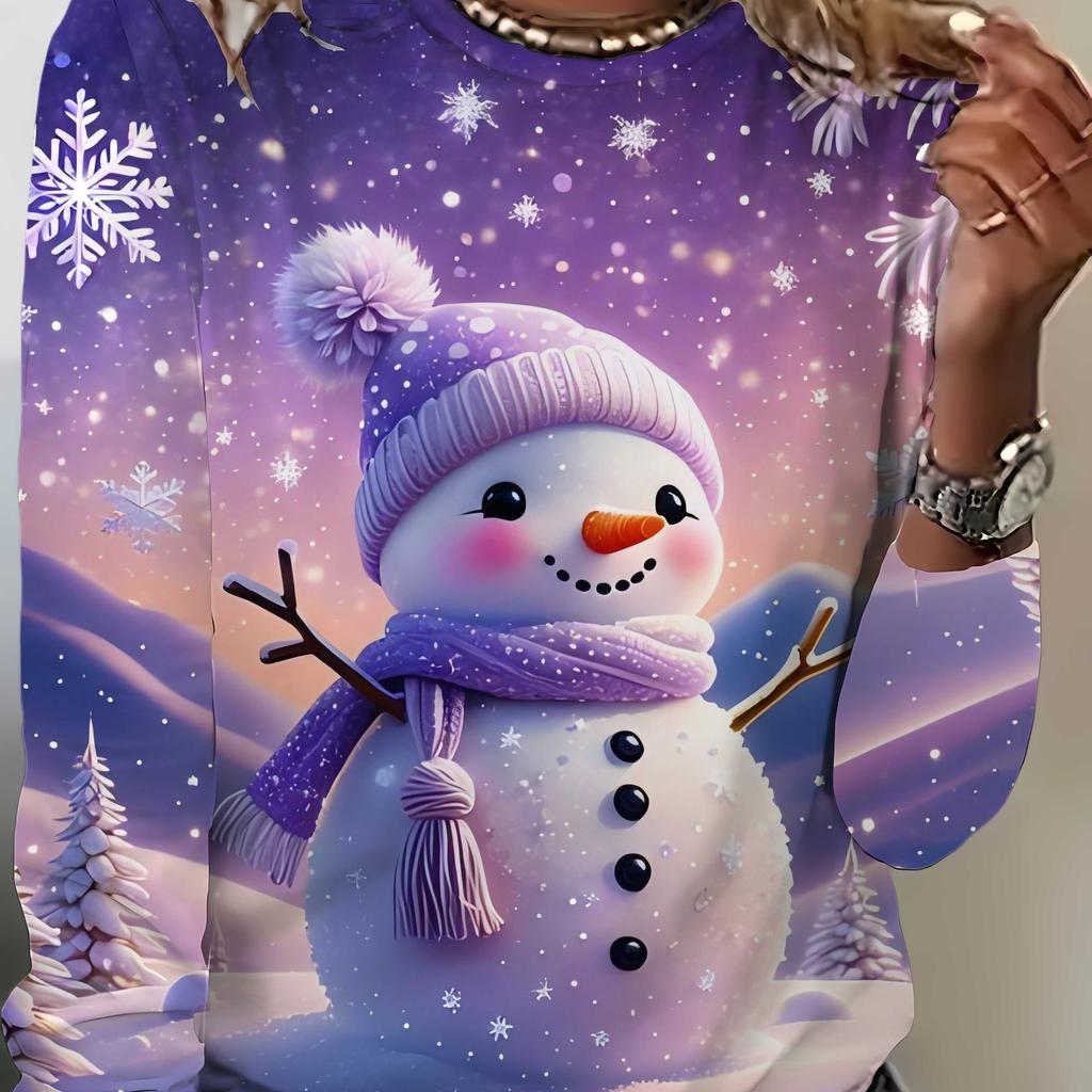 Women's elegant Christmas snowman print long-sleeved T-shirt skirt - Fantastic purple winter scene with snowflakes, stars and snowmen