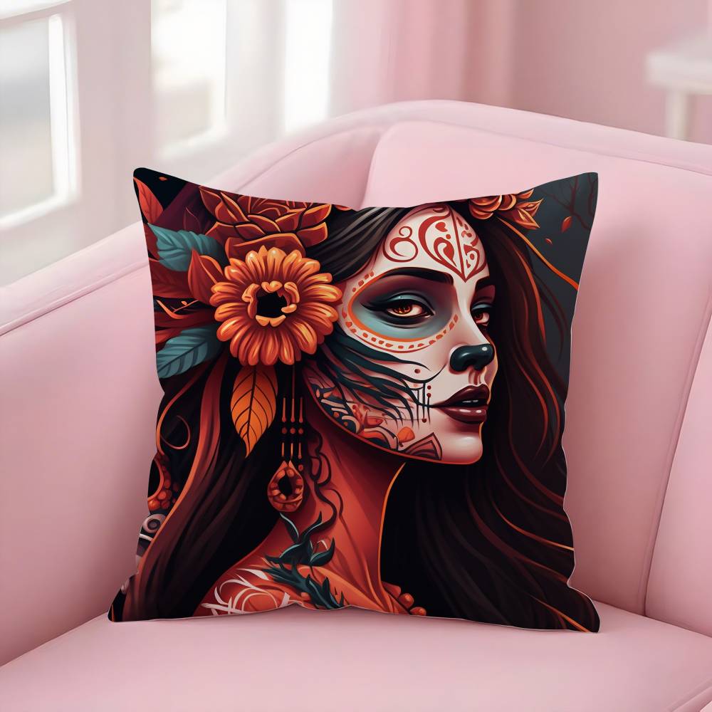 Poszewka na poduszkę Dziewczyna Cukrowa Czaszka Halloween Krótki plusz Dwustronny nadruk Kwadratowe poszewki na poduszki dekoracyjne Sofa Domowa Dekoracja poduszką