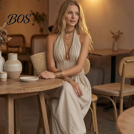 Everyday Wear For Women Women's Halter Sleeveless Summer 2 Piece Sets, Pleated Ruffle Backless Skin-friendly Fabric Clothes V Neck Top And Wide
