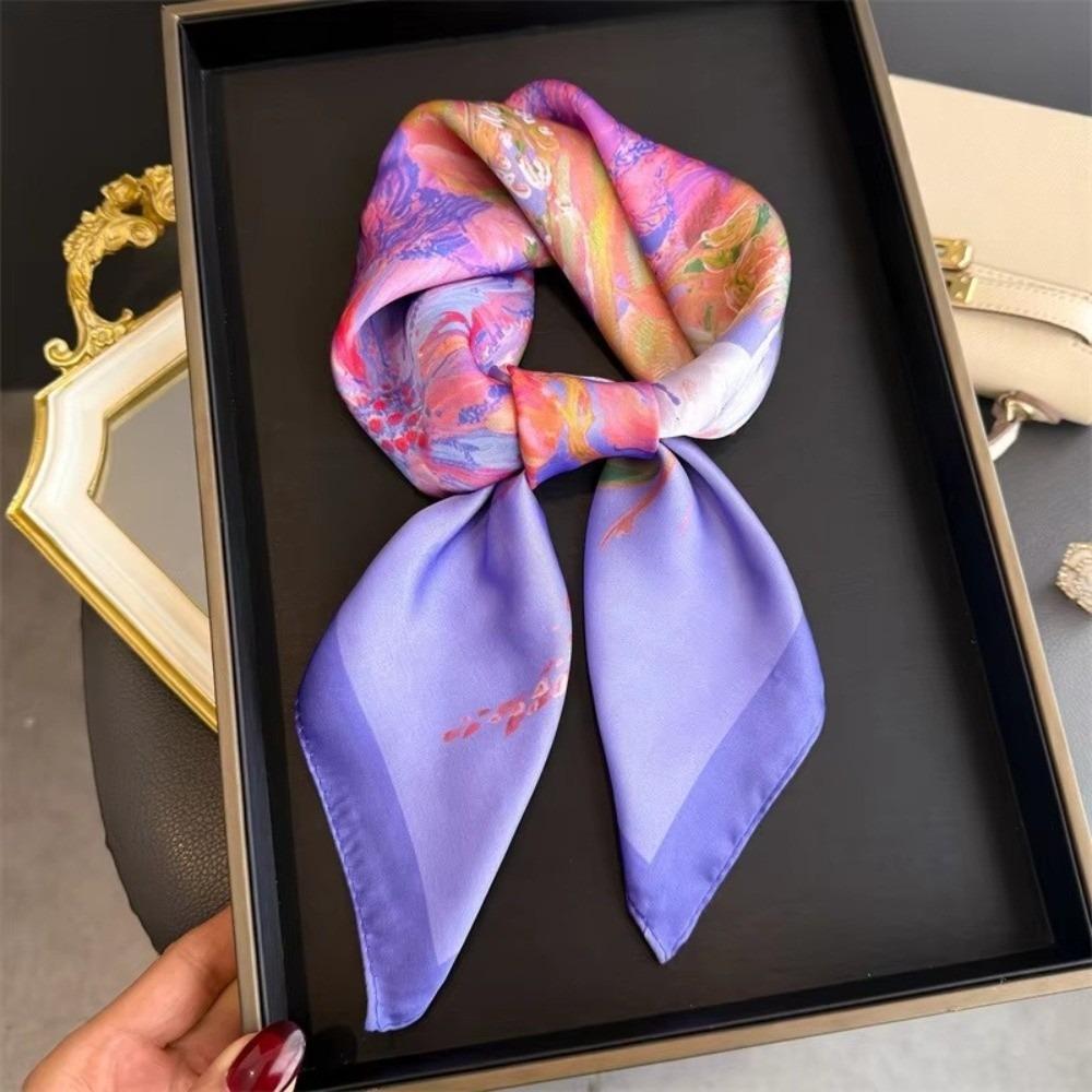 New 70cm Luxury Square Silk Scarf Silk Feel Bag Tie Ribbon Women Headscarf Flower Print Design Lady Headband Bandana