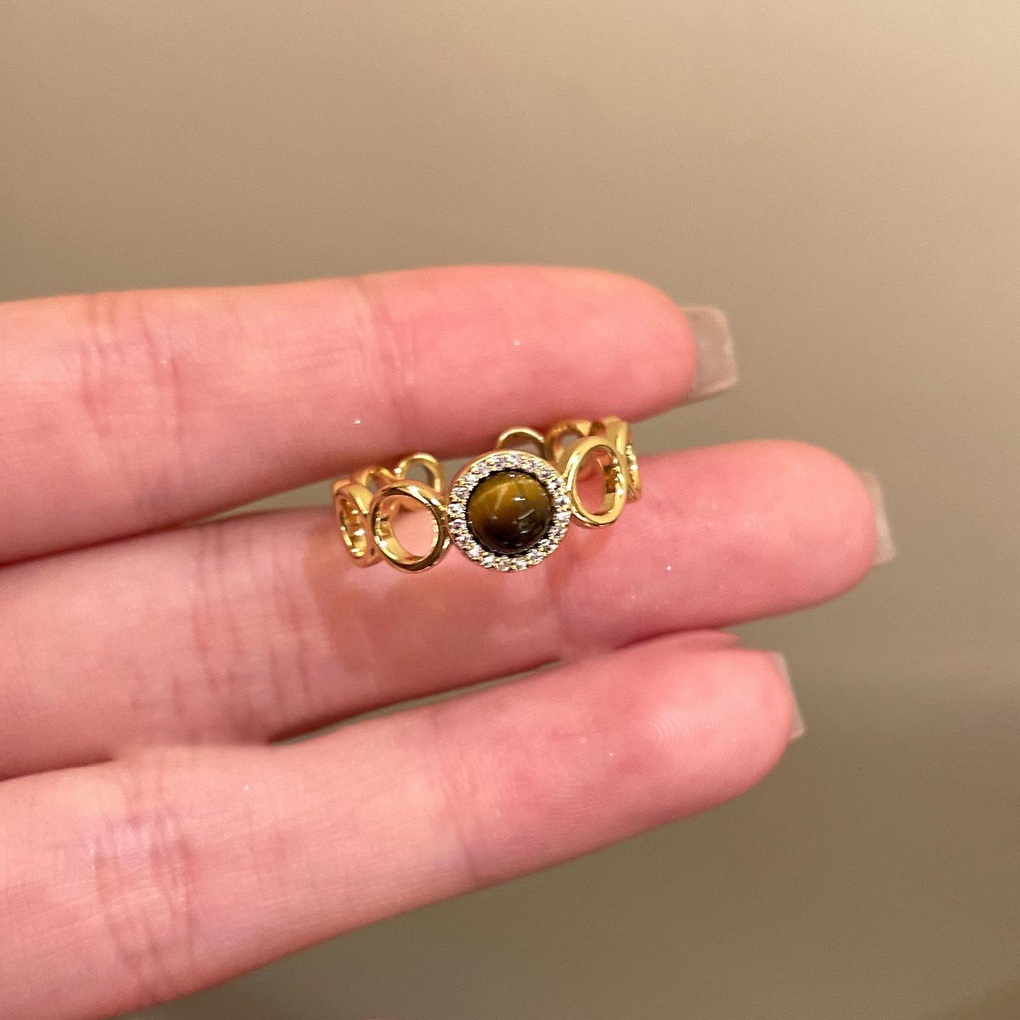 

18k Gold Plated Tiger Eye Open Ring – Retro Maillard Design, Luxurious High-End Fashion Jewelry for Women