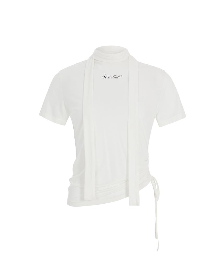 Sekeondeusolteu Shirred Choker Half-Neck T-Shirt (White)
