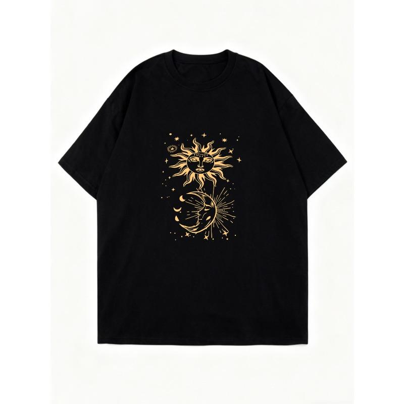 T-shirt Nera Oversize con Stampa Oro Sole e Luna per Uso Casual