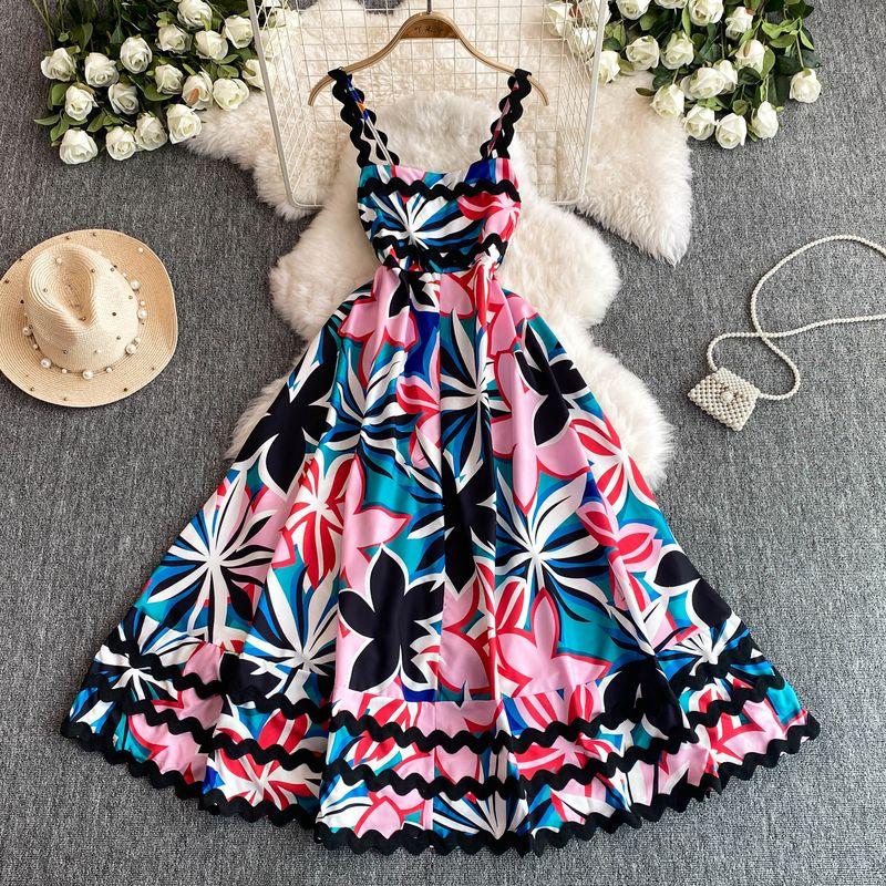 

Vacation Style Summer New Arrival Contrast Color Beach Dress with Suspenders White powder Print M