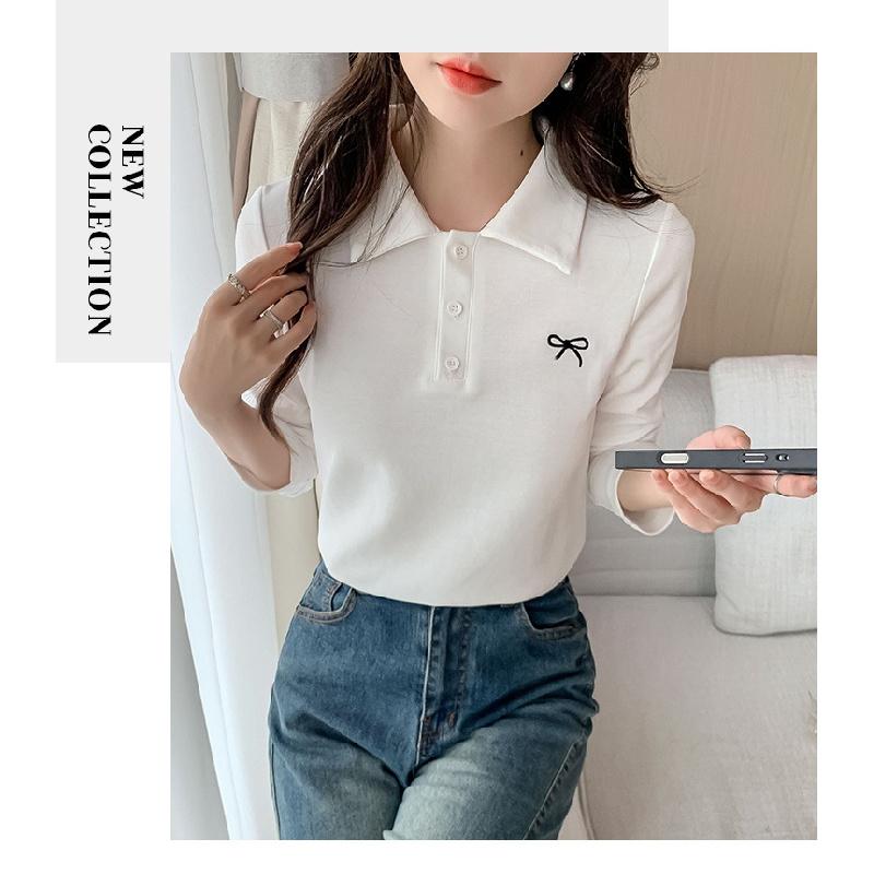 POLO shirt, spring and autumn 2026 new model, base shirt with bow embroidery, women's slim-fit t-shirt