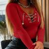 Women Long Sleeve Chain V Neck Top Slim Fit Pullover Casual Shirt with Decorative Accents for Daily Wear