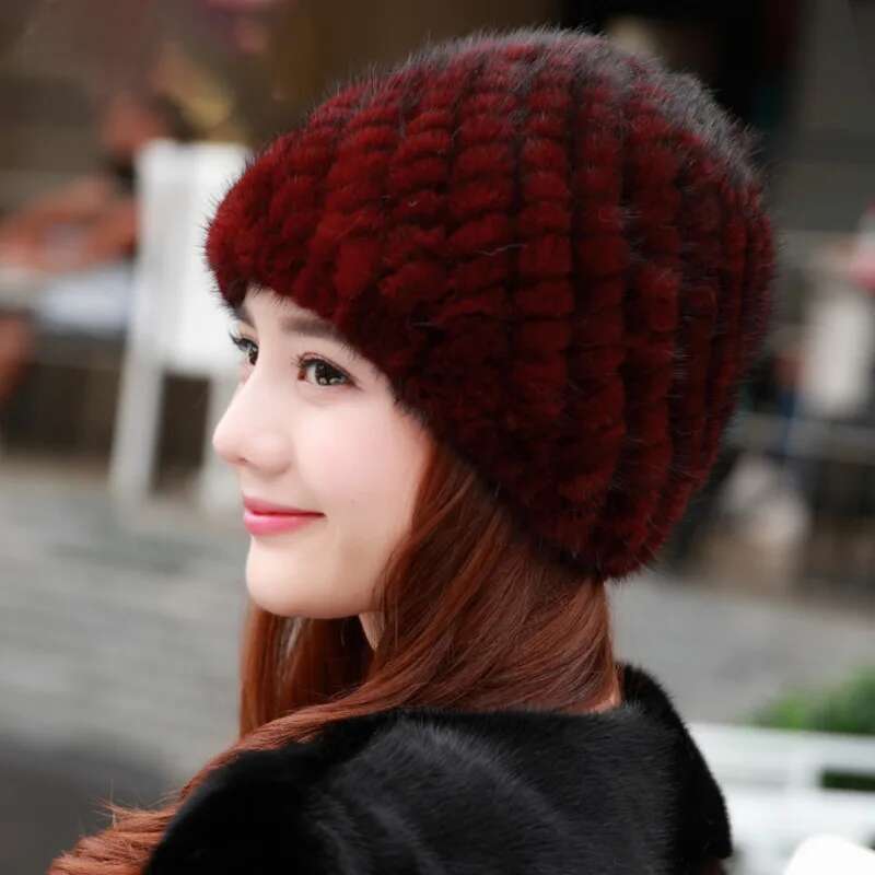 Mink Fur Hats For Women Fashion Ear Protection And Warm Natural Fur Knitted Hat Fluffy Fur Caps Ladies Black Fur Caps Winter Cap
