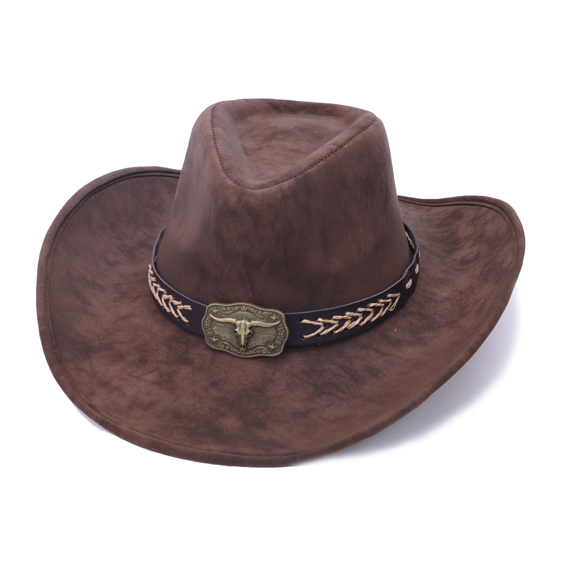 

Western Denim Style Tibetan Bull Head Accessories Top Hat Leather Velvet Big Edge Riding Jazz Hat M（56-58cm）