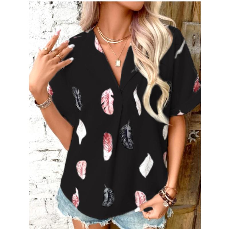 Women Casual Notched  Lapel Feather Print Short-sleeved Blouse Top