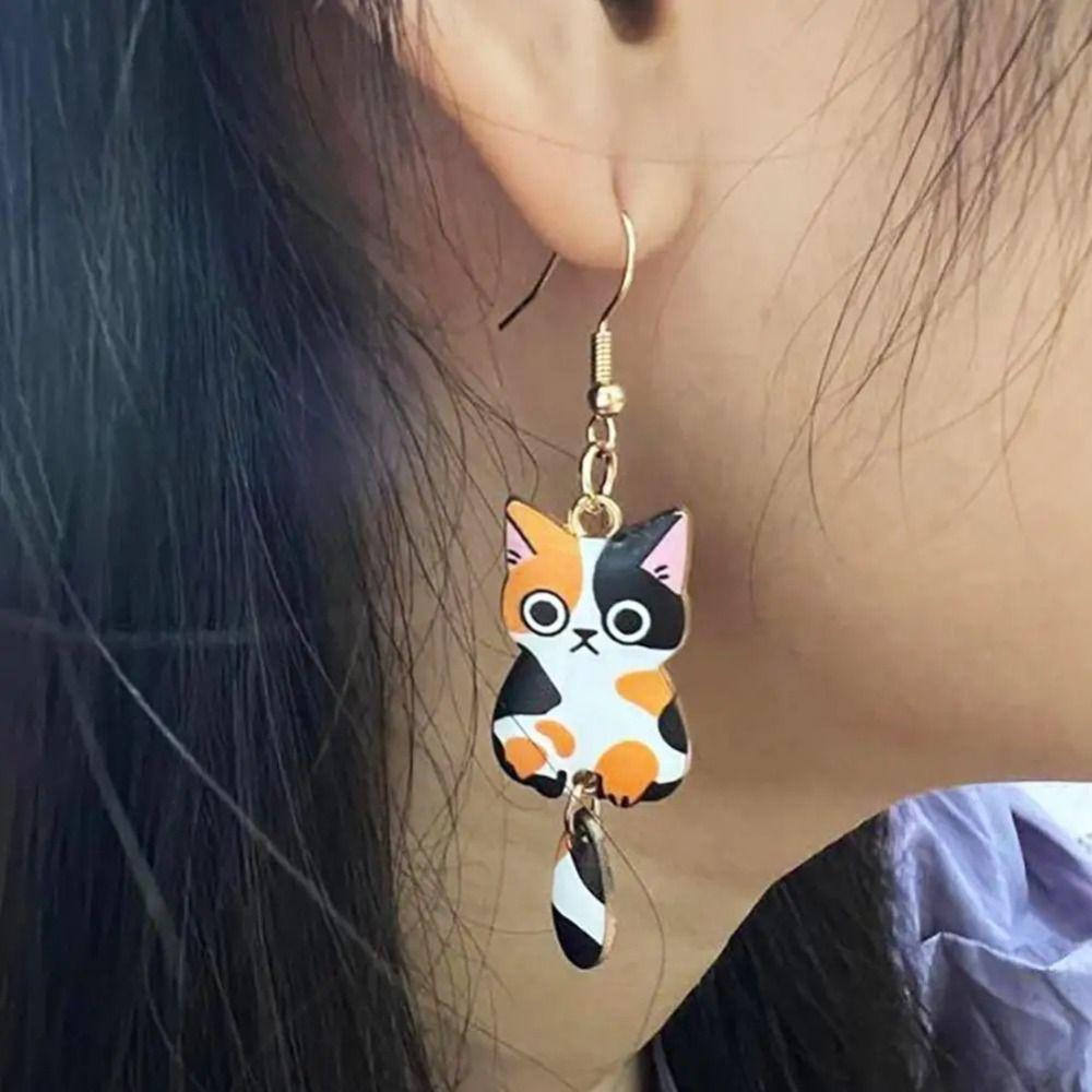 Enamel Zinc Zinc Alloy Cat Dangle Earrings Animal Theme Cartoon Animal Earrings 3D Cat Earrings  Jewelry Set
