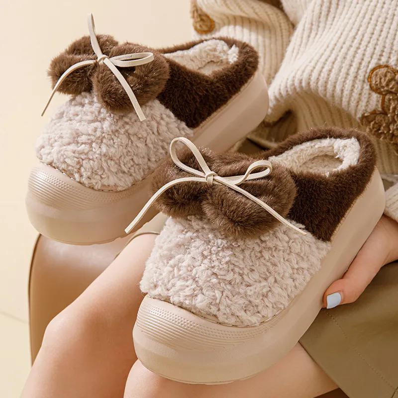 WTEMPO Soft Plush Women's Autumn Winter Bow Slippers Couple Thick Heel Non-slip Indoor Warm Cotton Slippers