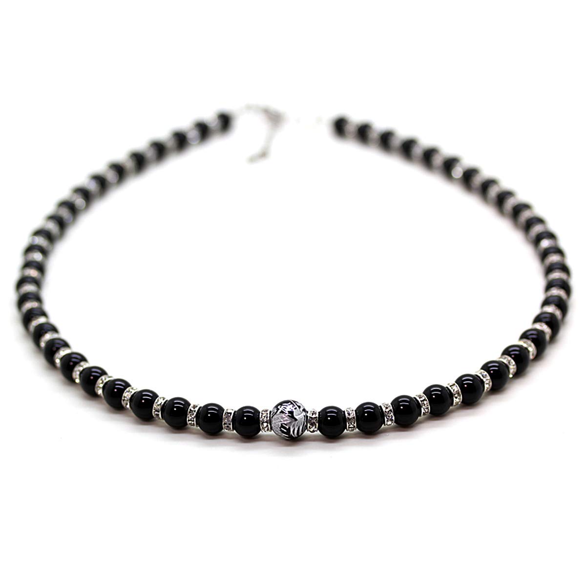 

[Seki-Kira] 4A Silver Carved Emperor Dragon Onyx 10mm Silver Rondelle Prayer Beads Necklace 353