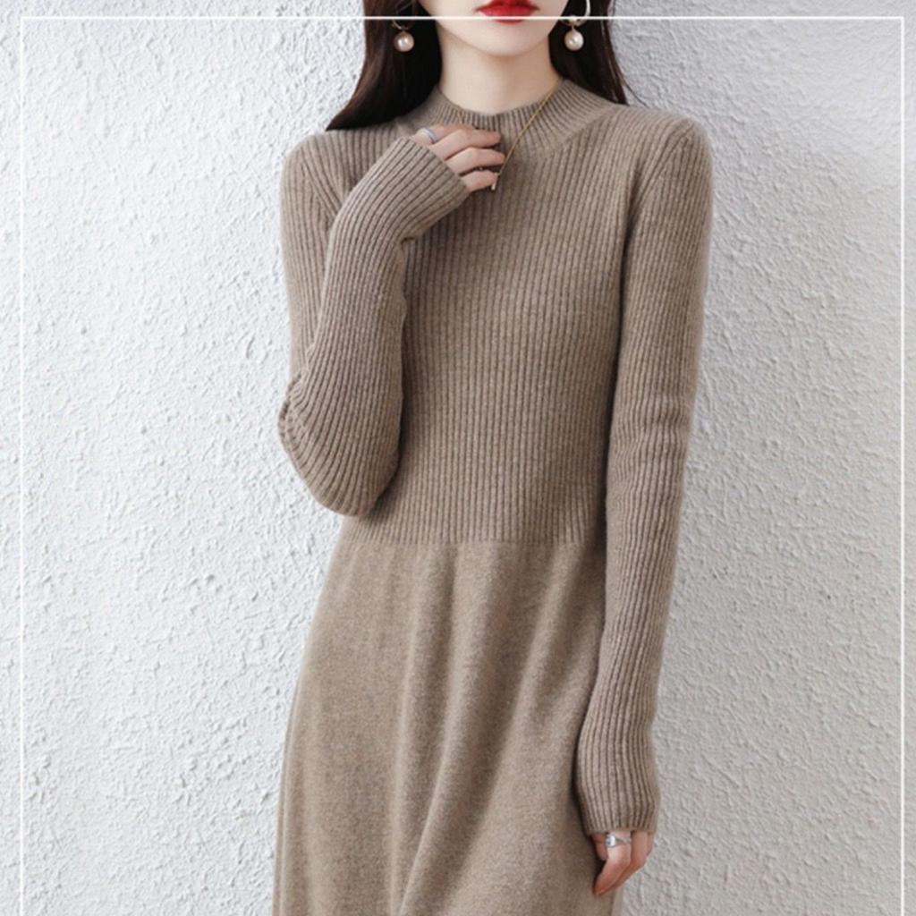 Autumn and Winter Knitted Dress for Women's Casual Mid-length Half Turtleneck Pullover Long-sleeved Sweater Dress