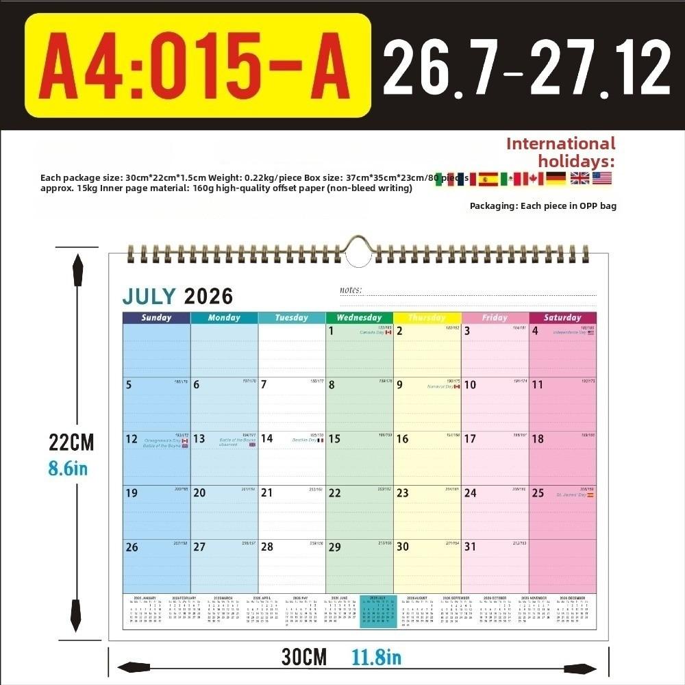 Thick Paper English Calendar Holidays Marked Hook Hanging Wall Calendar Daily Study July 2026-December 2027