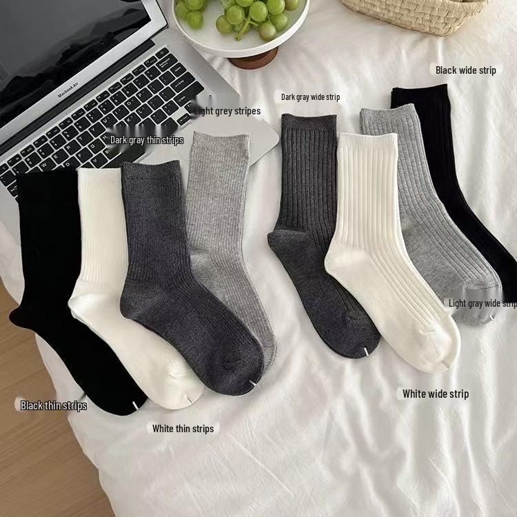 Korean Style Women's Mid-Calf Double-Needle Cotton Ballet Socks for Spring & Autumn