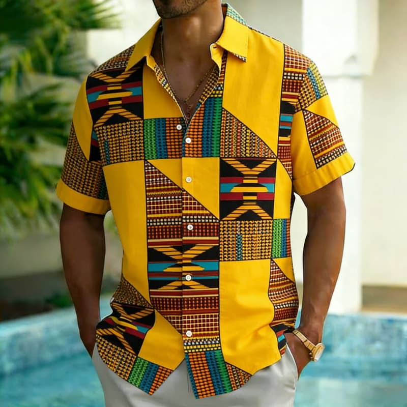 Men's Fashion Ethnic Print Short Sleeve Button Down Shirt Trendy Summer Style For Vacation Party Gathering Daily Commute