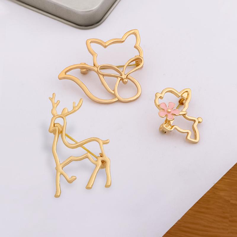 Golden Openwork Animal Brooch Pin - Fox, Deer, Cat, Pearl Teddy Bear Design Classic Fashion Accessory