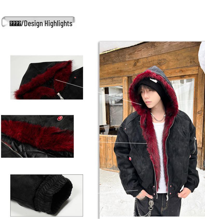 Men's Heavyweight Red Fur Collar Retro PU Leather Cotton Jacket - Plus Velvet Thick Warm Outerwear