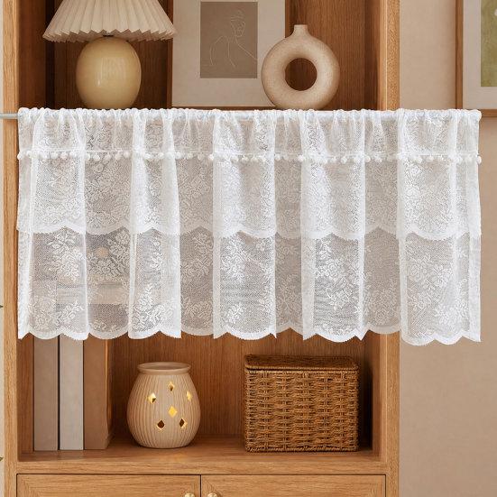 White Lace Window Valance, Sheer Vintage Floral Lace Short Curtain, Light Filtering Valance Curtain with Rod Pocket for Basement Kitchen Window