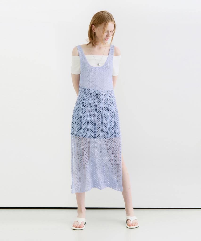 Adowl Netting Pattern Layered Slit Long Dress - Cool Blue
