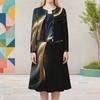 Women Plus Size Two Piece Dress Set Round Neck Long Sleeve Printed Black Gold Cropped Cardigan Sleeveless Midi Dress