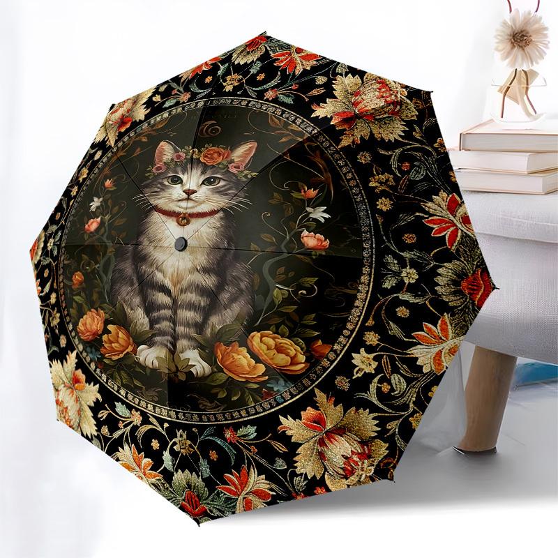 Cat Portrait, Floral FrameThemed Automatic Opening and Closing umbrella 8 Ribs, Suitable for Leisure and Going Out, Outdoor Accessory, Got