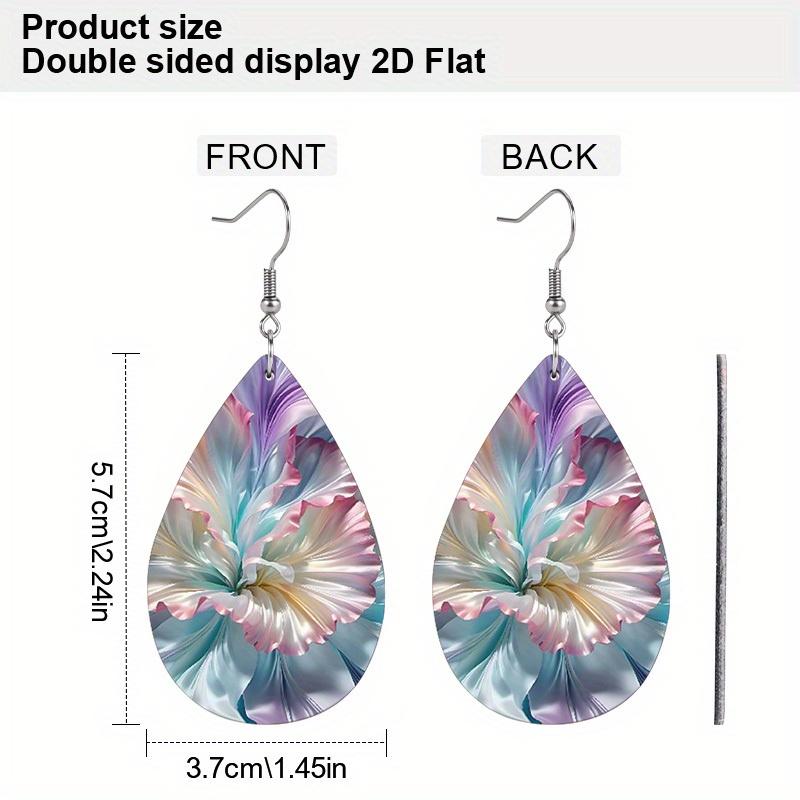 Charming Spring Summer Macaron Floral PU Earrings for women, Versatile Vivid Butterflies Double Sided Print Waterdrop Earrings