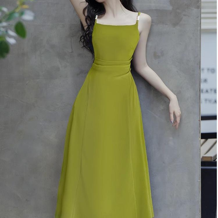 Summer French Avocado Green Suspender Dress Super Fairy Seaside Vacation Beach Long Skirt Chic and Beautiful