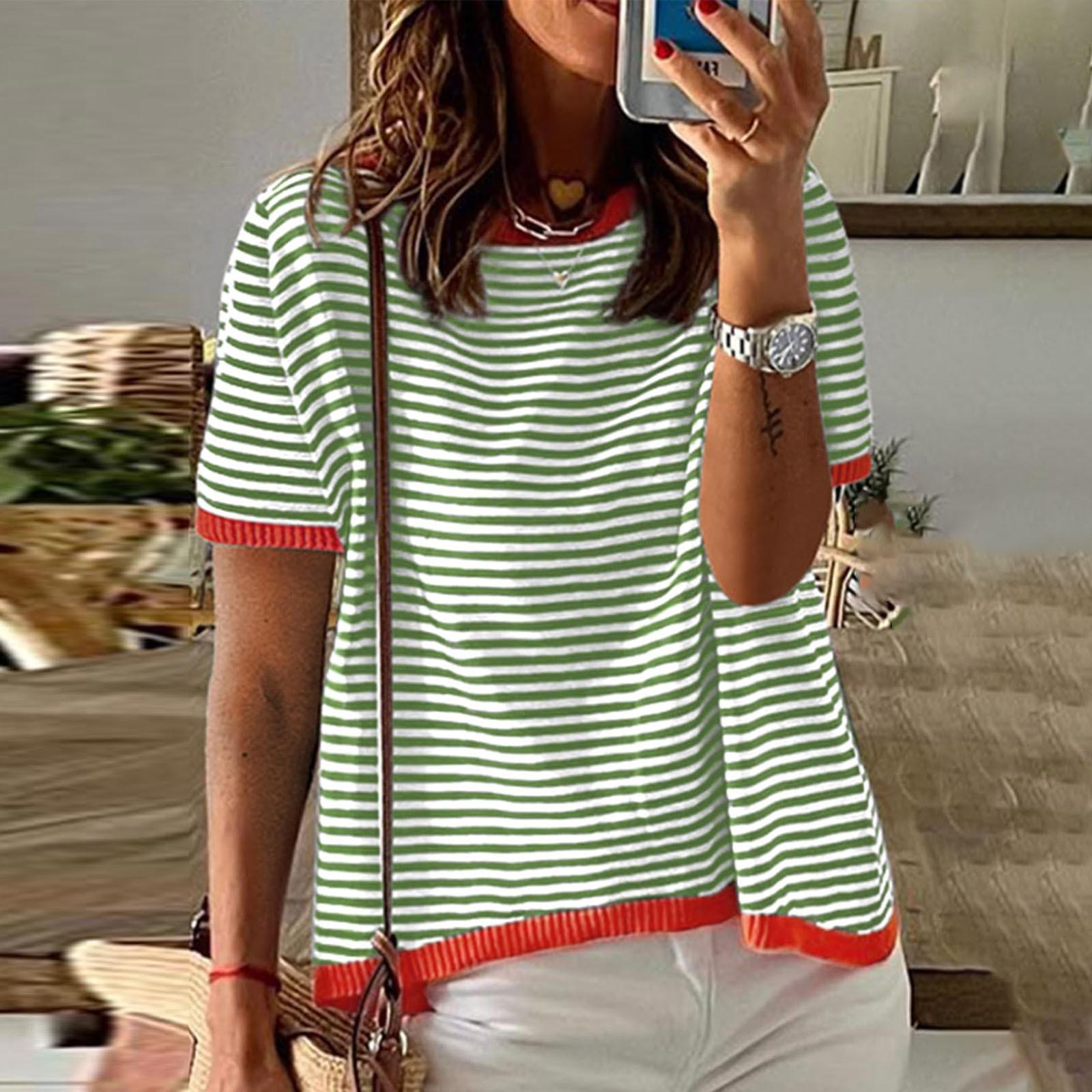 

Женские летние топы, повседневные трикотажные пуловеры с короткими рукавами и короткими рукавами в полоску, высокие низкие модные футболки, блузки XXL зелёный
