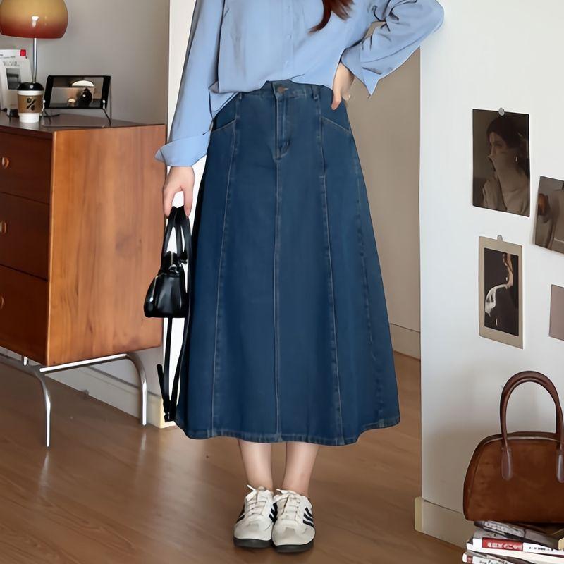 

Slightly Chubby Meow Meow Plus-Size Women s Clothing, Slightly Chubby mm Commuting Style, Slimming Outfit, Hip-Covering A-Line Denim Skirt 0439 Blue L