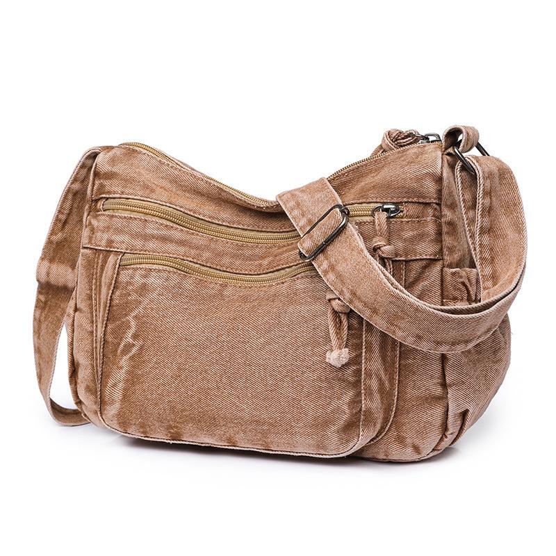 Винтажная и универсальная стираная джинсовая сумка-мама повседневная и простая сумка через плечо женская холщовая сумка с мягкой поверхностью хаки 2390₽