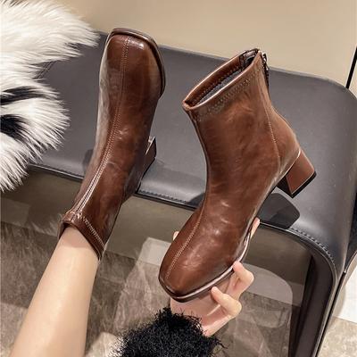 Winterstiefel mit quadratischem Absatz, runder Zehenpartie und mittlerem Absatz, Damenschuhe im Angebot 2024, hochwertige, prägnante Damenstiefel mit Reißverschluss