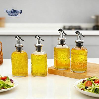 Retro Carved Glass Olive Oil and Condiment Bottle, Multifunctional Dispenser for Soy Sauce and Vinegar