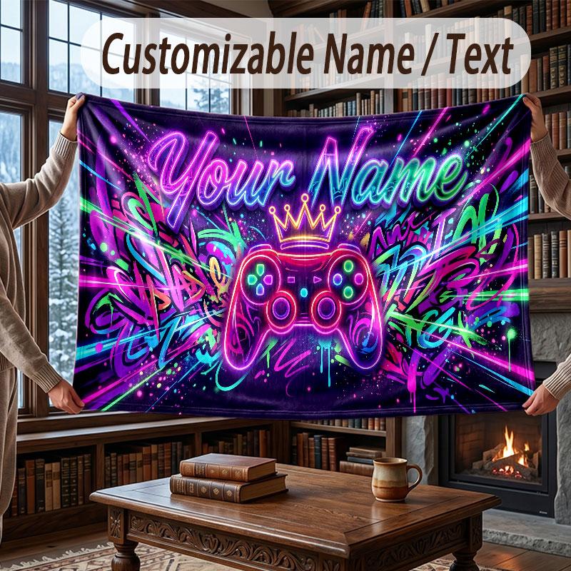 Game Controller Theme Throw Blanket Custom Name Text Personalized Blanket Soft Cozy Blanket for Home Sofa Bed