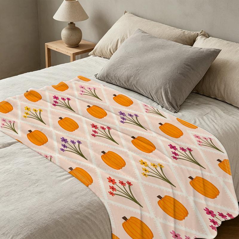 Plush Flannel Throw Blanket | Pumpkin Floral Design, Machine Washable, Soft Cozy & Skin-Friendly, Great for Home, Office Napping