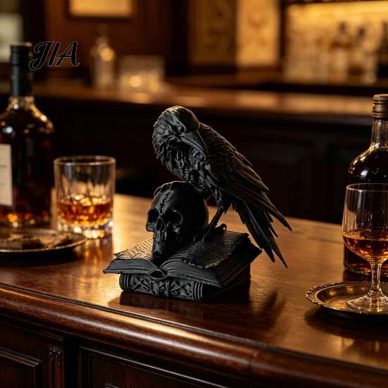 Dark Academia Style Decoration Black Raven Skull Statue, 3D Printed Gothic Crow Figurine for Desk Mystery Theme Party Supplies Shelf, Spooky Halloween