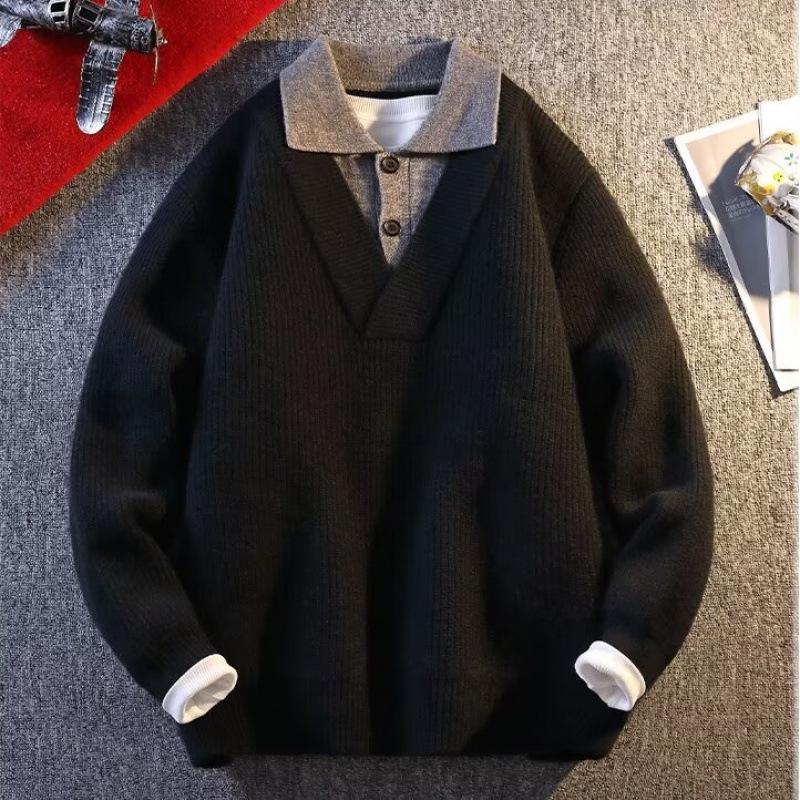 2024 Men's Autumn/Winter American Retro V-Neck Cardigan Sweater - Casual Solid Color Knitwear