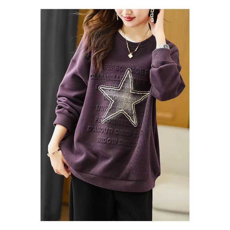 Fashion Women Letter Print Plus Size Star Hoodie Loose Round Neck Sweatshirt for Autumn