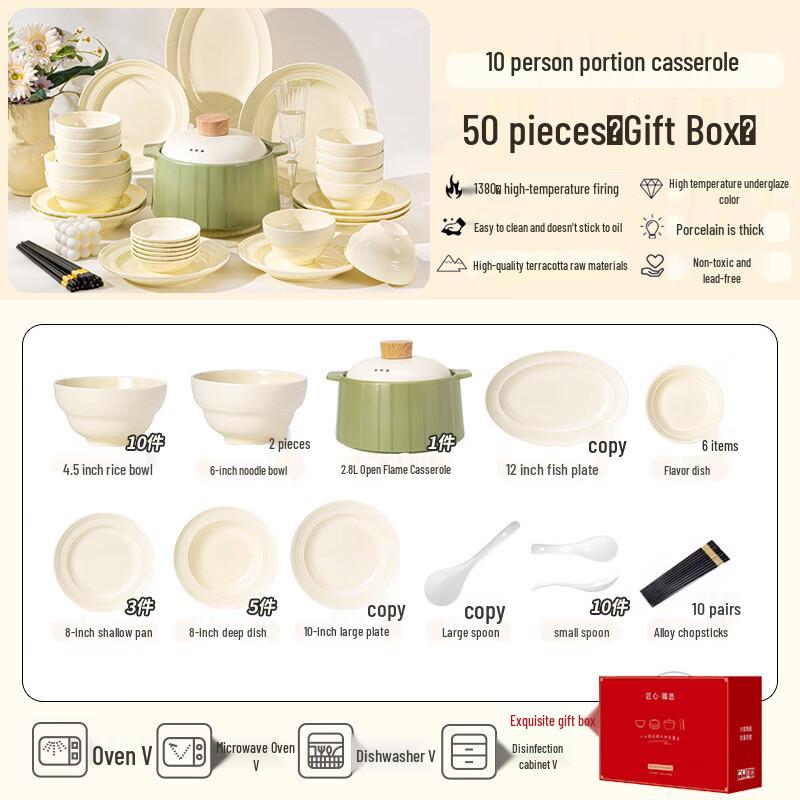 Ru Han Underglaze 50-Piece Silk Road Ceramic Dinnerware Set with Casserole